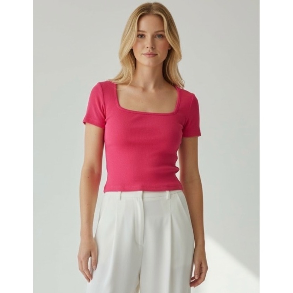 NEW Women's Large Pink Square Neck Short Sleeve Cropped Top